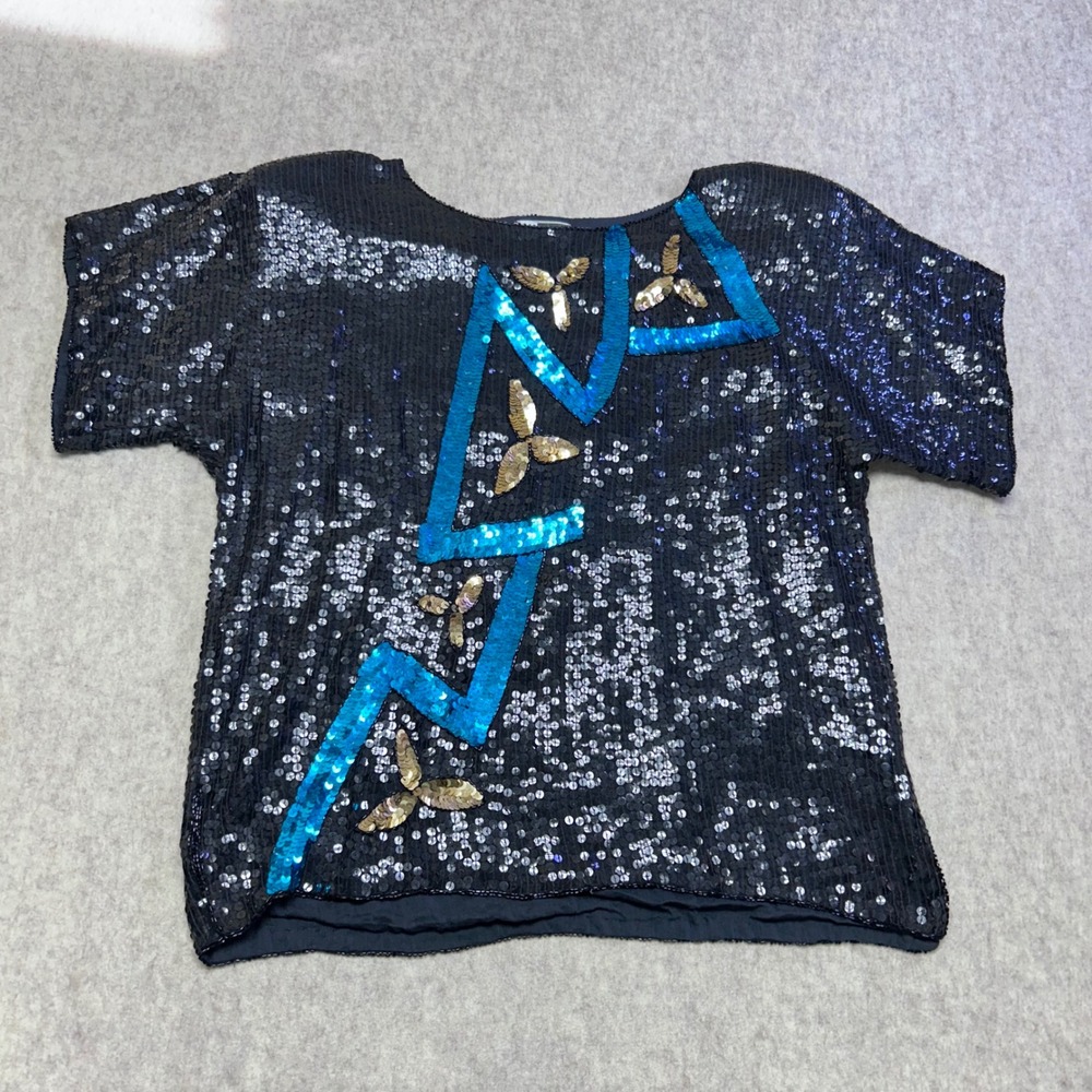 NWT Vintage 80s CARINA Sequin Top Blue Gold Lightning‎ Black Silk Women's Large